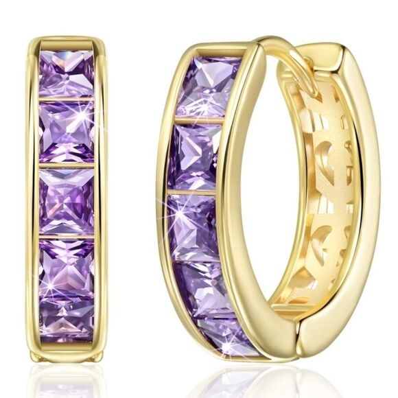 14K Yellow Gold with Purple Amethyst Cubic Zirconia Princess Cut Huggie Earrings - Picture 1 of 5